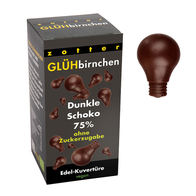 Firma Zotter: dunkle Schokolade Glühbirnchen
